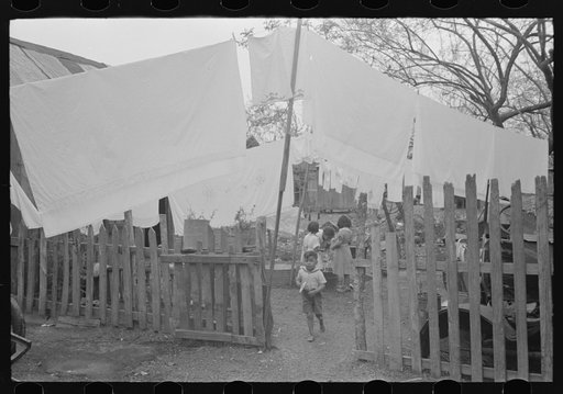 Back yard in Mexican district with laundry on line, San Antonio, Texas