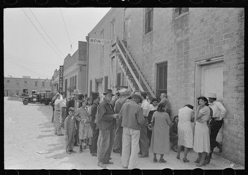 Crowd of people waiting at WPA clothing department, San Antonio, Texas