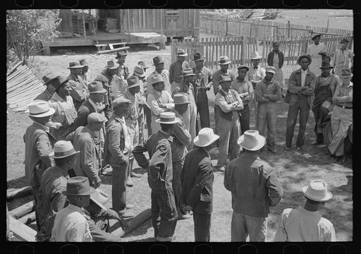Group of FSA (Farm Security Administration) clients listening to speaker on project near Marshall, Texas. Sabine Farms, Texas