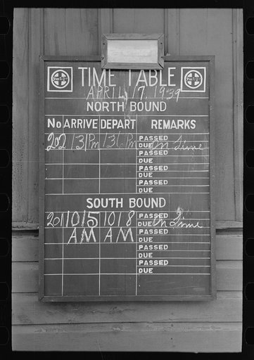 Timetable, Santa Fe railroad station, San Augustine, Texas