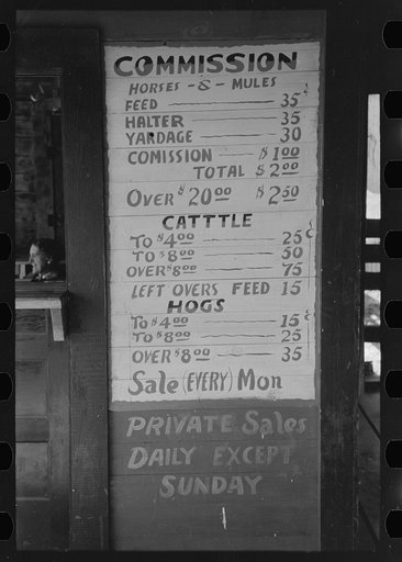Table showing commission rates, livestock auction barn, San Augustine, Texas