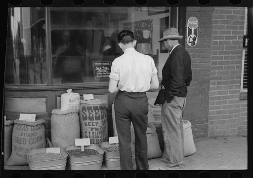 Clerk and farmer looking at displayed seed, San Augustine, Texas