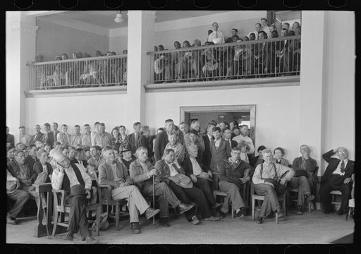 Mass meeting of San Augustine County residents gathered to discuss methods of raising funds to continue WPA (Work Projects Administration) roadwork, San Augustine, Texas
