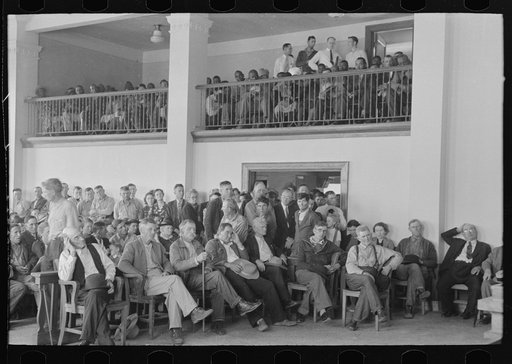 Untitled photo, possibly related to: Mass meeting of San Augustine County residents gathered to discuss methods of raising funds to continue WPA (Work Projects Administration) roadwork, San Augustine, Texas
