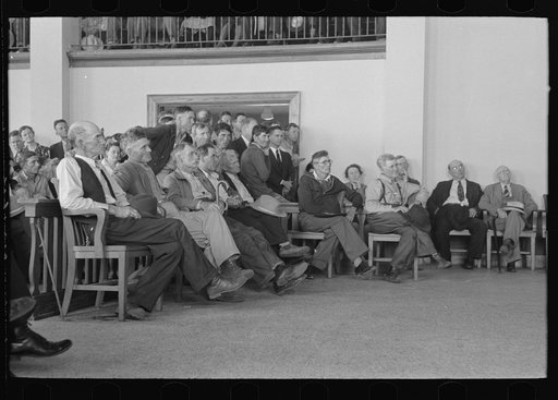 Groups of San Augustine County residents gathered to discuss means of raising funds to continue WPA (Work Projects Administration) roadwork, San Augustine, Texas