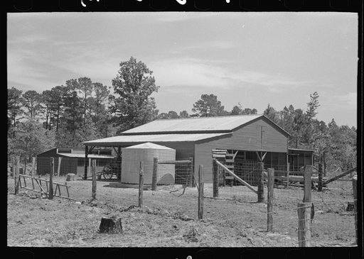 Untitled photo, possibly related to: Barn and water tank of FSA (Farm Security Administration) client, Sabine Farms, Marshall, Texas