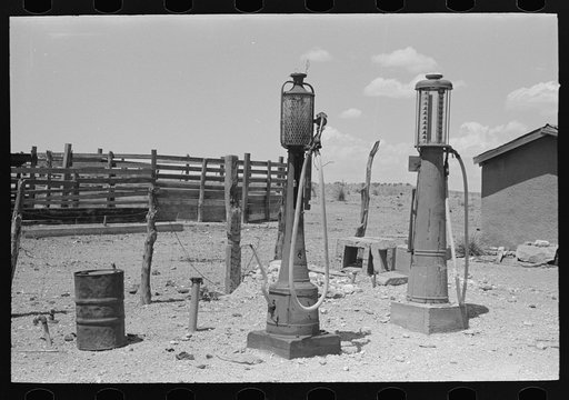 Untitled photo, possibly related to: Gasoline pumps on cattle ranch near Marfa, Texas