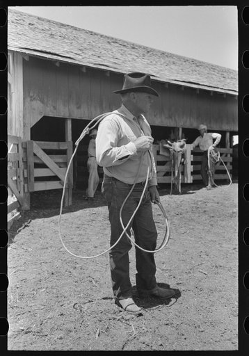 Cowboy with rope on cattle ranch near Spur, Texas