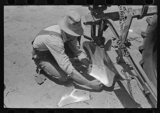 Day laborer adjusting plow points on tractor-drawn planter, near Ralls, Texas
