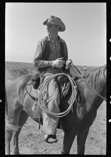 Cowboy on horse with equipment on cattle ranch near Spur, Texas
