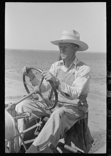 Day laborer at wheel of tractor on large farm near Ralls, Texas