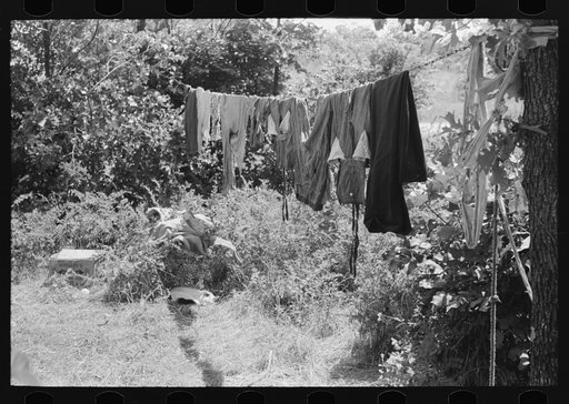 Clothes line and cat of family camped by the roadside near Spiro. Sequoyah County, Oklahoma