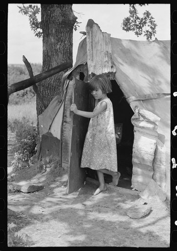 Untitled photo, possibly related to: Child of agricultural day laborer coming out of tent near Spiro. Sequoyah County, Oklahoma