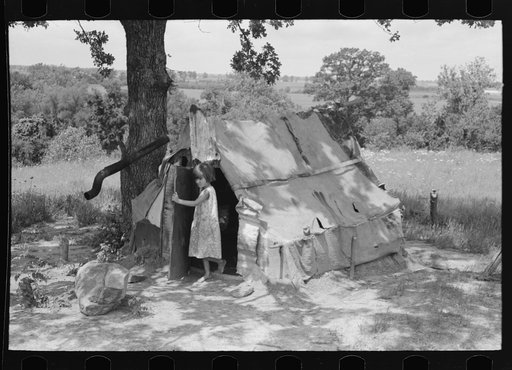 Untitled photo, possibly related to: Child of agricultural day laborer coming out of tent near Spiro. Sequoyah County, Oklahoma