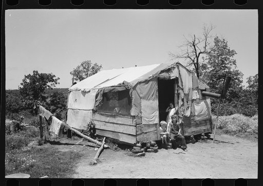 Shack home of woman and her four children who were subsisting on what she could make in the fields nearby. The father had deserted the family. Shack was near Vian, Oklahoma