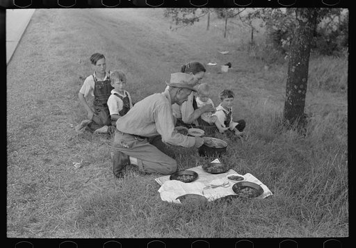 Untitled photo, possibly related to: White migrant family eating lunch of blackberry pie on the highway east of Fort Gibson, Muskogee County, Oklahoma