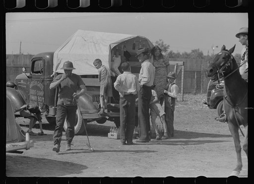 Activity around the soda pop stand at polo match, Abilene, Texas
