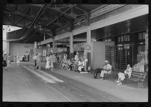 Streetcar terminal with people waiting for cars, Oklahoma City, Oklahoma