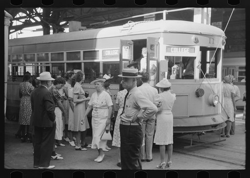 People getting off and people waiting to get on streetcar. Terminal, Oklahoma City, Oklahoma