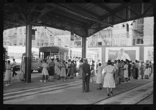 People waiting for streetcars to arrive. Terminal, Oklahoma City, Oklahoma