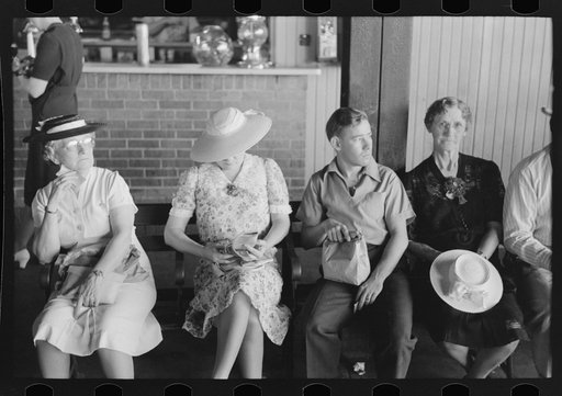 People waiting for streetcars at terminal, Oklahoma City, Oklahoma
