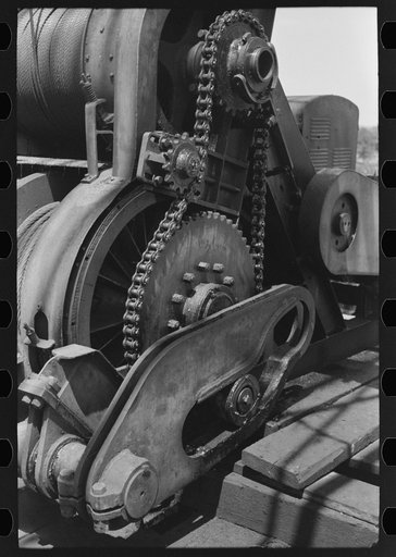 Detail of cable tool machinery used in drilling. Oil well near Saint Louis, Oklahoma