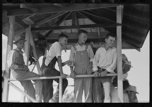 Boys in the judging stand watching the pie eating contest, 4-H Club fair, Cimarron, Kansas