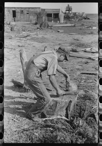 Untitled photo, possibly related to: Son of Mr. Germeroth, FSA (Farm Security Administration) client, getting ready to cut off chicken's head, Sheridan County, Kansas