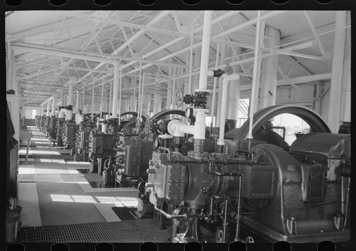 Interior of diesel engine motor plant at oil refinery, Seminole, Oklahoma