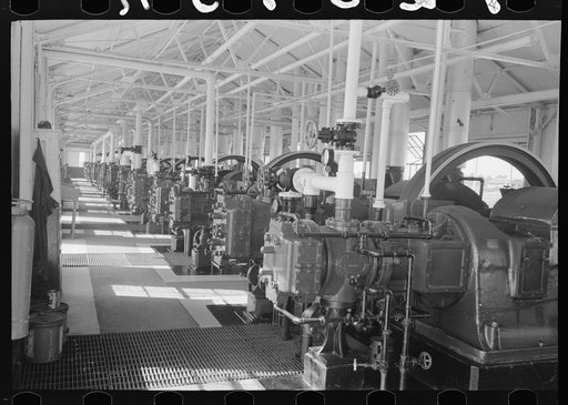 Untitled photo, possibly related to: Interior of diesel engine motor plant at oil refinery, Seminole, Oklahoma