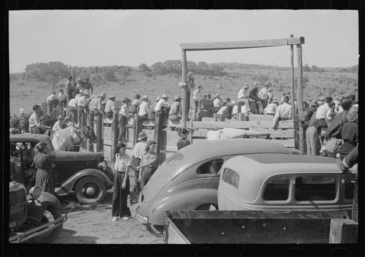 Untitled photo, possibly related to: Spectators at Bean Day rodeo, Wagon Mound, New Mexico