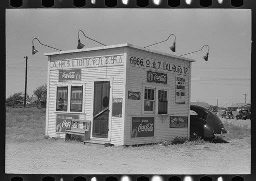 Hamburger stand with old brands, Dumas, Texas