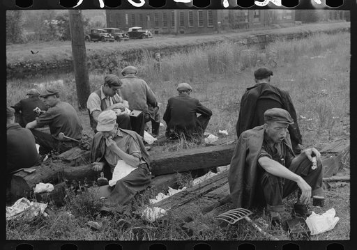 Railroad workers eating lunch along the railroad tracks, Windsor Locks, Connecticut