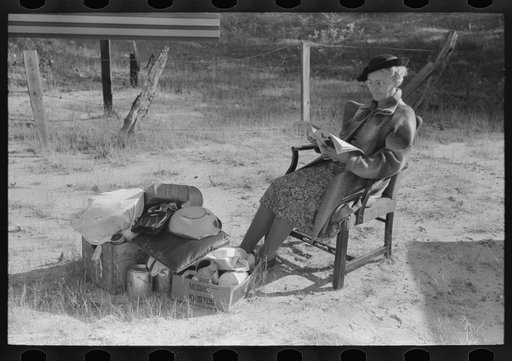 Farmer's wife reading a magazine as she watches the family belongings which are parked beside the road while her husband has gone into town to get parts for repairing his wagon. They were moving to a new farm. Smith County, Texas