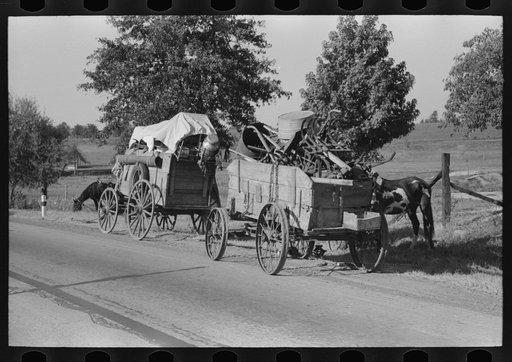 Untitled photo, possibly related to: Farmer moving in wagon from farm to a new farm. He had stopped for rest and repair along roadside in Smith County, Texas