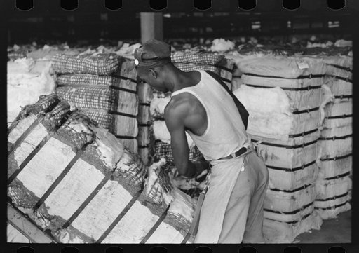 Untitled photo, possibly related to: Negro man slashes bale of cotton to take sample as it passes him on a hand truck. Cotton compress, Houston, Texas