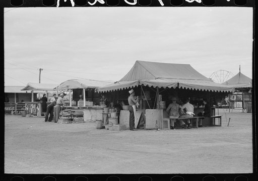 Soft drink and hamburger stands on a dull day at county fair, Gonzales, Texas