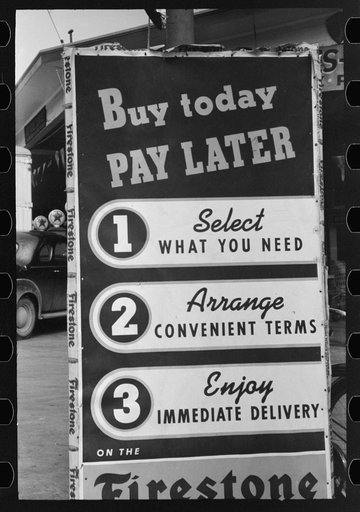 Sign illustrating installment buying, Waco, Texas