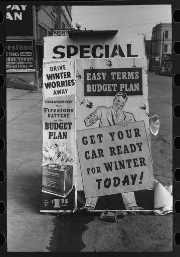 Sign illustrating installment buying, Waco, Texas