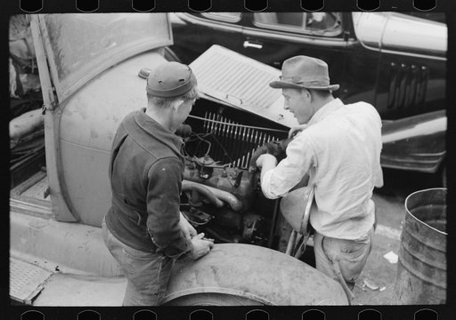 Repairing an automobile motor, market square, Waco, Texas