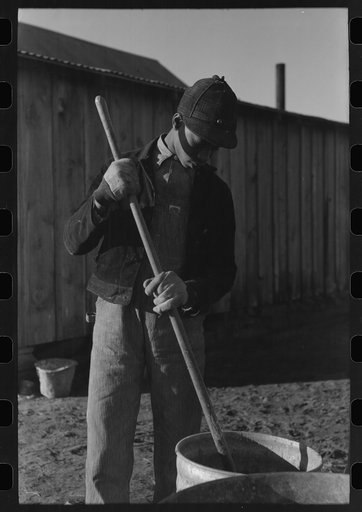 Untitled photo, possibly related to: Son of Pomp Hall, Negro tenant farmer, carrying can full of mash to hogpen, Creek County, Oklahoma. See general caption, number 23