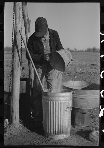 Pouring bran into can for mixing into a mash for the hogs. Sons of Pomp Hall, Negro tenant farmer, Creek County, Oklahoma. See general caption number 23