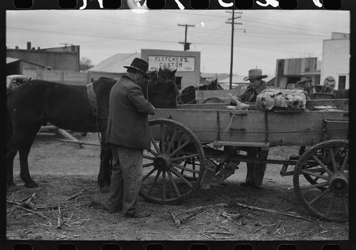 Untitled photo, possibly related to: Lot in which farmers leave their wagons and horses while attending to do business in Eufaula, Oklahoma