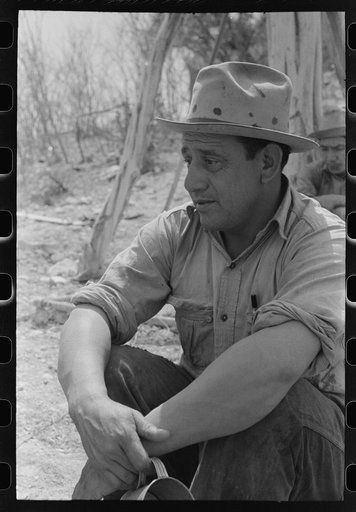 Untitled photo, possibly related to: Migratory sheep and goat shearer resting after noonday meal on the ranch of rehabilitation borrower in Kimble County, Texas