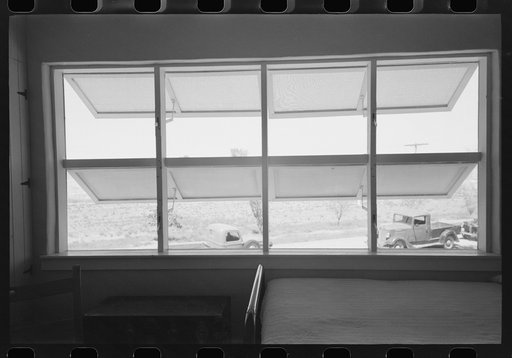Windows in bedroom of family apartment at the Arizona Part-Time Farms, Chandler Unit, Maricopa County, Arizona. Cross ventilation is provided in all bedrooms on this project