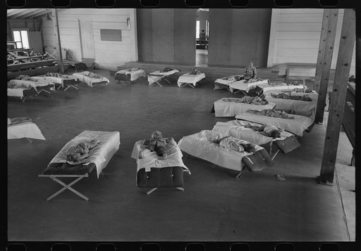 Untitled photo, possibly related to: Children of the migratory laborers sleeping at the nursery school at the Agua Fria Migratory Labor Camp, Arizona