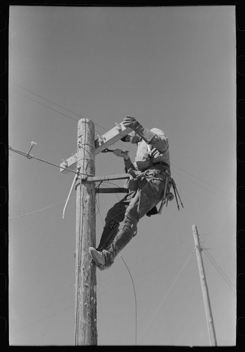 Lineman on telephone pole at the Casa Grande Valley Farms, Pinal County, Arizona