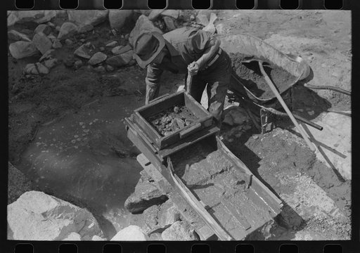 Untitled photo, possibly related to: Eugene Davis, gold prospector, operating "rocker". Rocks and sticks remain in the screened box at the top when water is sluiced over them and the contraption is rocked by the handle. Loose dirt and any mineral content washes below, the dirt gradually washing thro