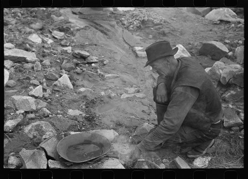 Gold prospector cooking mercury with dirty flour gold. The flour gold which is in small, almost powder flakes, will attach itself to the mercury as the water boils away. Pinos Altos, New Mexico