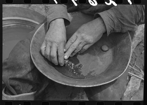 Pouring mercury from small tube into pen which contains flour gold mixed with the natural dirt. Process for removing this flour gold is described in caption 12693-M5. Pinos Altos, New Mexico